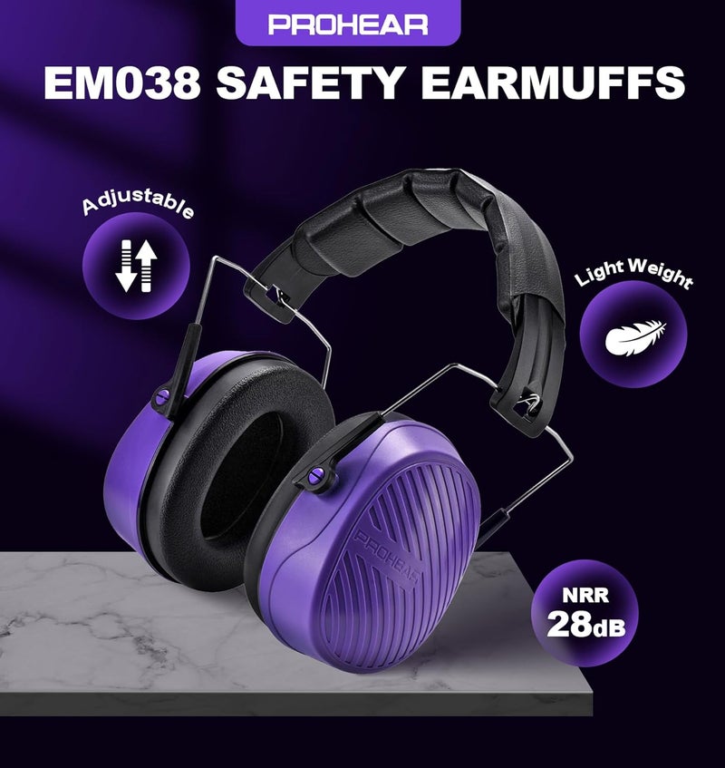 PROHEAR 038 Ear Protection Safety Earmuffs for Mowing, 28dB Noise Reduction Passive Hearing Protector, Compact Foldable Headset for Shooting Construction Power Tools, Purple - Image 2